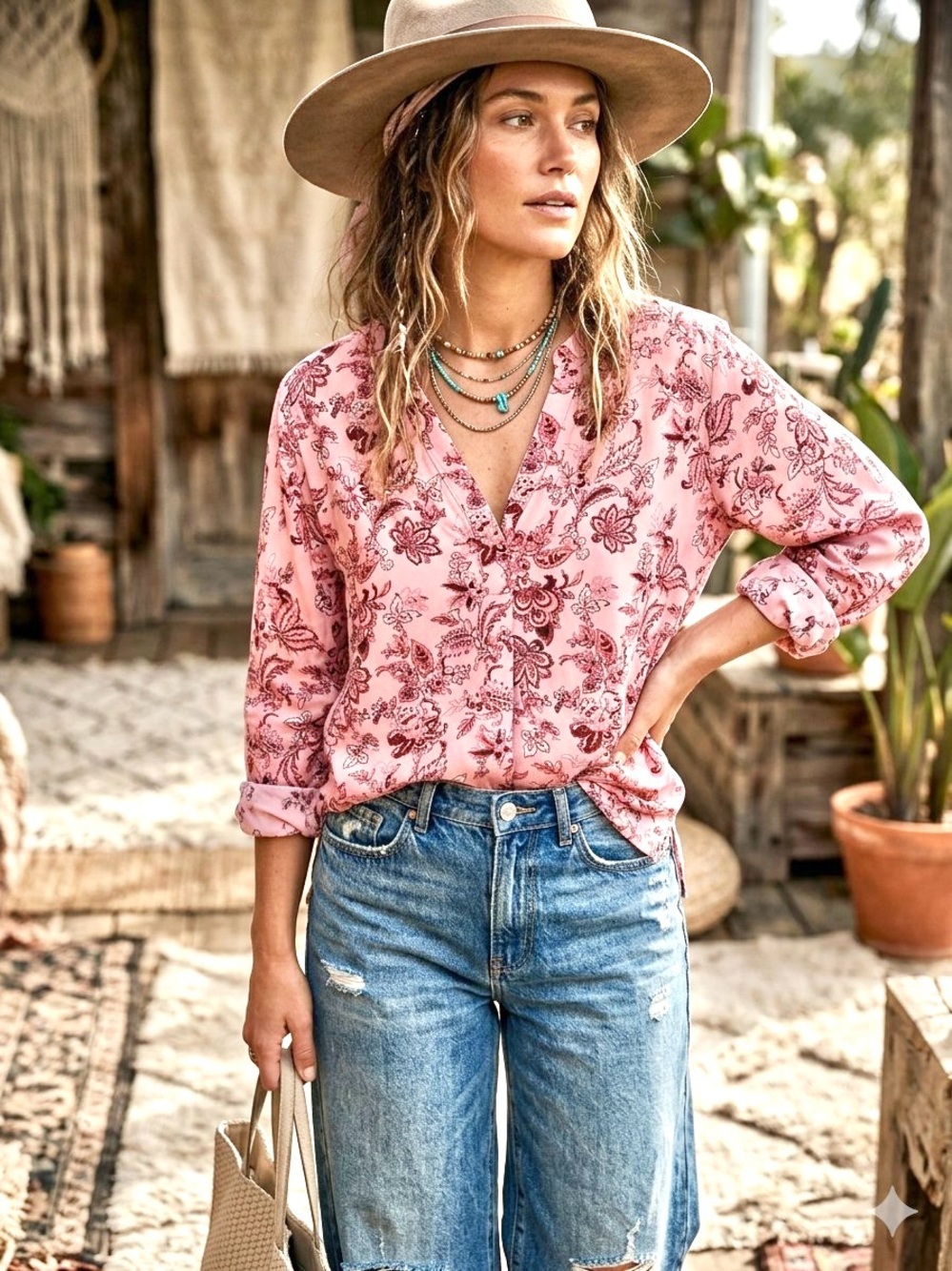 Pink Gypsy Paisley Print V-Neck Women's Blouse w cottagecore prairie vibe